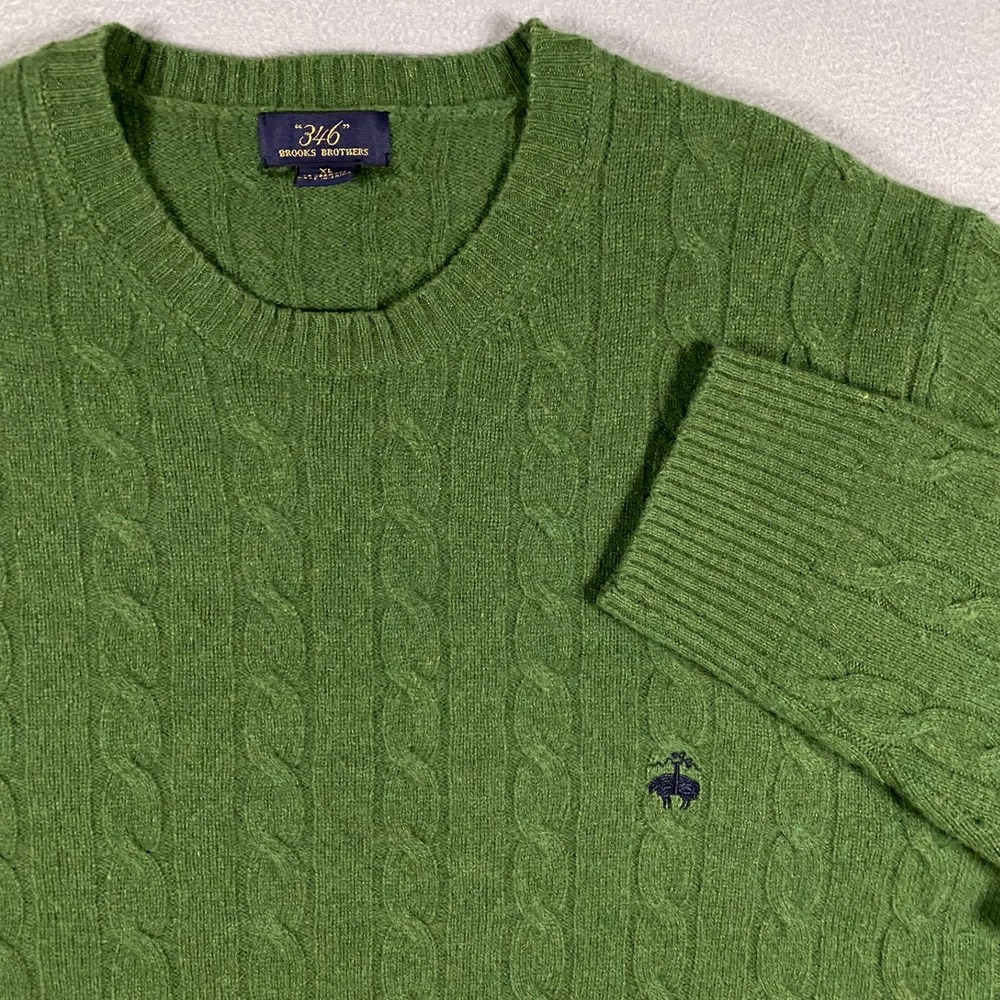 Brooks Brothers 346 Mens XL Green 100% Lambswool Cable Knit Crewneck Sweater